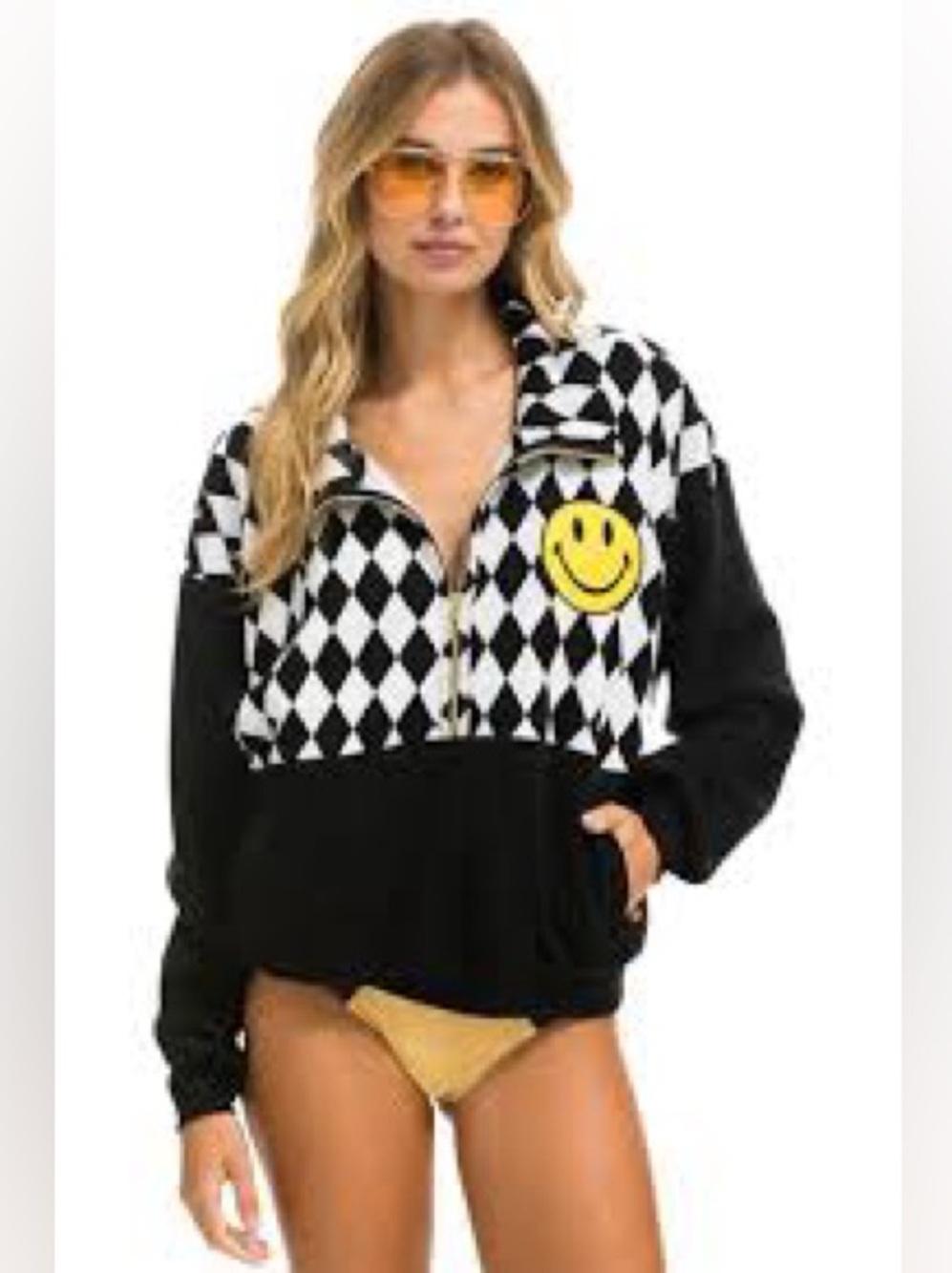 Aviator Nation Black White Checker Half-Zip Sweater with Yellow Smiley
